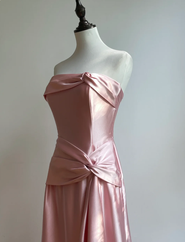 Elegant Champagne A-Line Strapless Twisted Satin Long Formal Prom Dresses Bridesmaid Dresses
