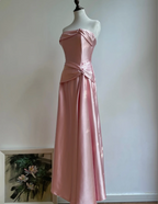 Elegant Champagne A-Line Strapless Twisted Satin Long Formal Prom Dresses Bridesmaid Dresses