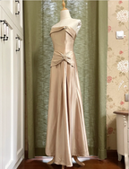 Elegant Champagne A-Line Strapless Twisted Satin Long Formal Prom Dresses Bridesmaid Dresses