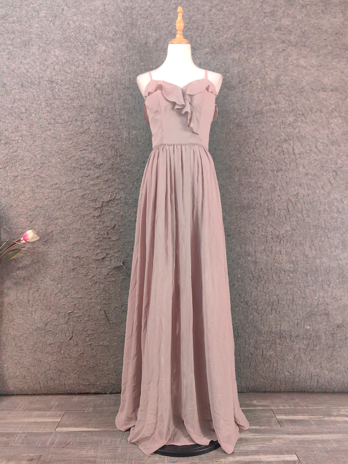 Elegant Dusty Pink Spaghetti Strap Ruffled Chiffon Long Formal Prom Dresses Bridesmaid Dresses Main image
