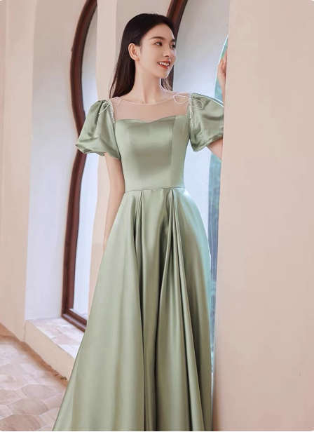 Elegant Green A-Line Puff Sleeve Satin Long Formal Prom Dresses Bridesmaid DressesP4574 Secondary image