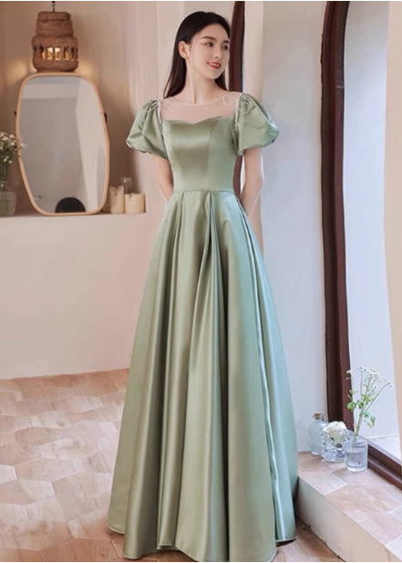 Elegant Green A-Line Puff Sleeve Satin Long Formal Prom Dresses Bridesmaid DressesP4574 Main image