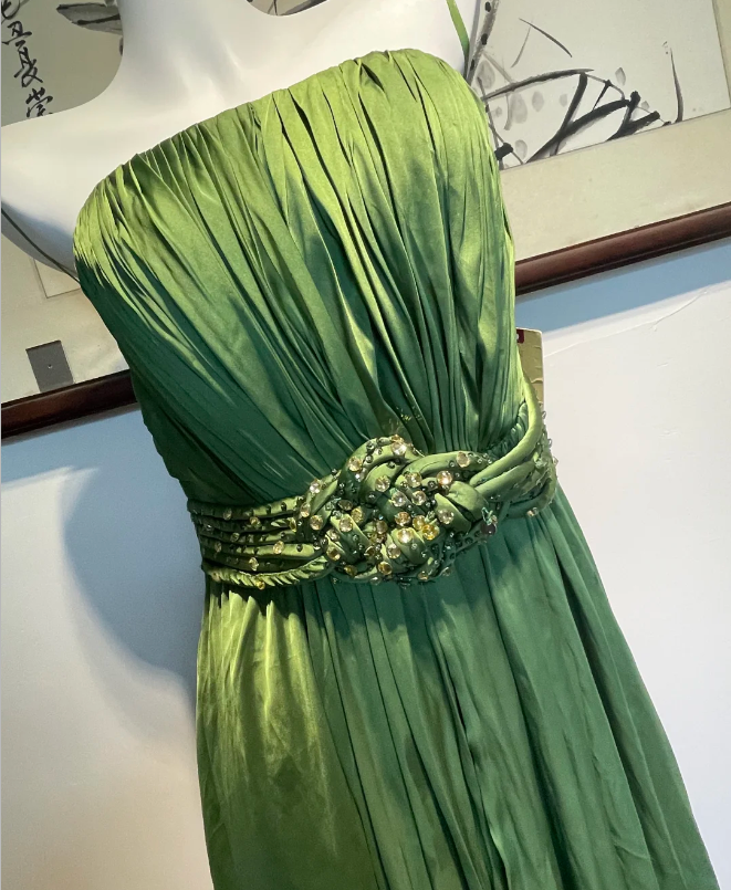 Elegant Green A-Line Spaghetti Strap Pleated Beaded Satin Long Formal Prom Dresses Bridesmaid Dresses