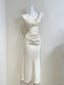 Elegant Ivory Mermaid One-Shoulder Neckline Pearl Rhinestone Satin Long Formal Prom Dresses Bridesmaid Dresses