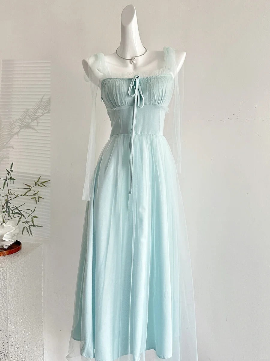 Elegant Light Blue A-Line Square Neck Tulle Long Formal Prom Dresses Bridesmaid Dresses Secondary image