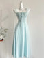 Elegant Light Blue A-Line Square Neck Tulle Long Formal Prom Dresses Bridesmaid Dresses