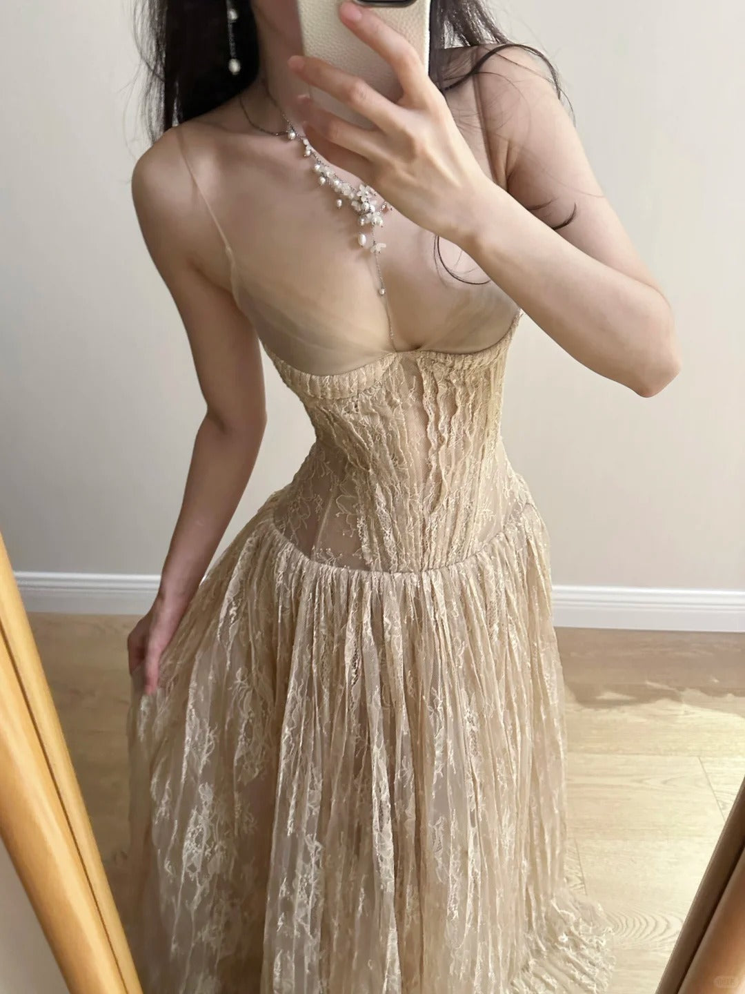 Elegant Nude Apricot A-Line Deep V Halter Lace Long Formal Prom Dresses Bridesmaid Dresses Main image