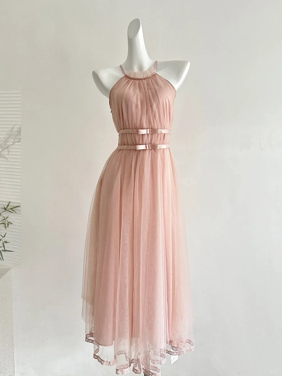 Elegant Pink A-Line Halter Neck Waist Tulle Long Formal Prom Dresses Bridesmaid Dresses Main image