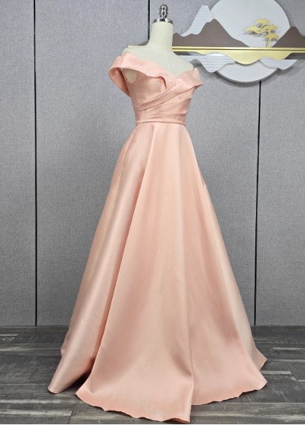 Elegant Pink A-Line Off-The-Shoulder Satin Long Formal Prom Dresses Bridesmaid Dresses Secondary image