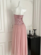Elegant Pink A-Line Tube Top Sequined Tulle Long Formal Prom Dresses Bridesmaid Dresses
