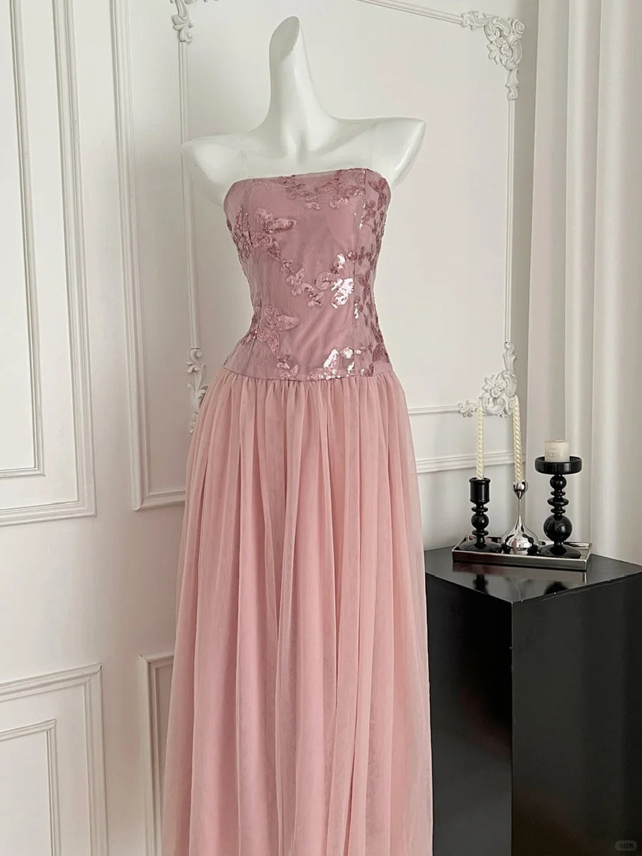 Elegant Pink A-Line Tube Top Sequined Tulle Long Formal Prom Dresses Bridesmaid Dresses