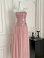 Elegant Pink A-Line Tube Top Sequined Tulle Long Formal Prom Dresses Bridesmaid Dresses