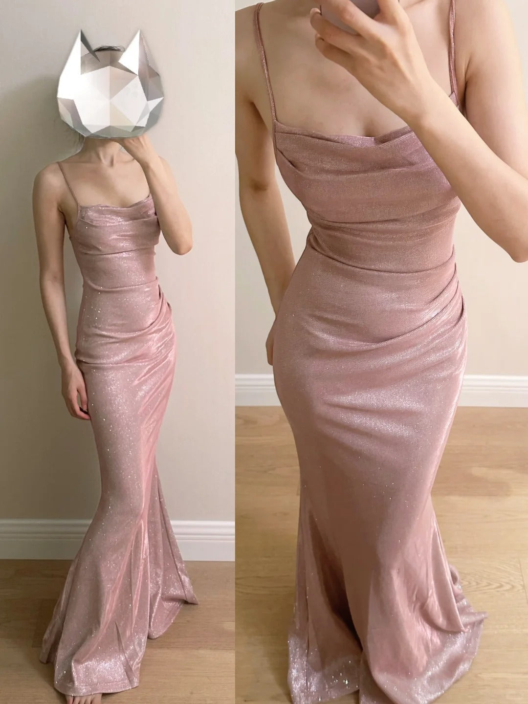Elegant Pink Mermaid Spaghetti Strap Glittery Long Formal Prom Dresses Bridesmaid Dresses Main image