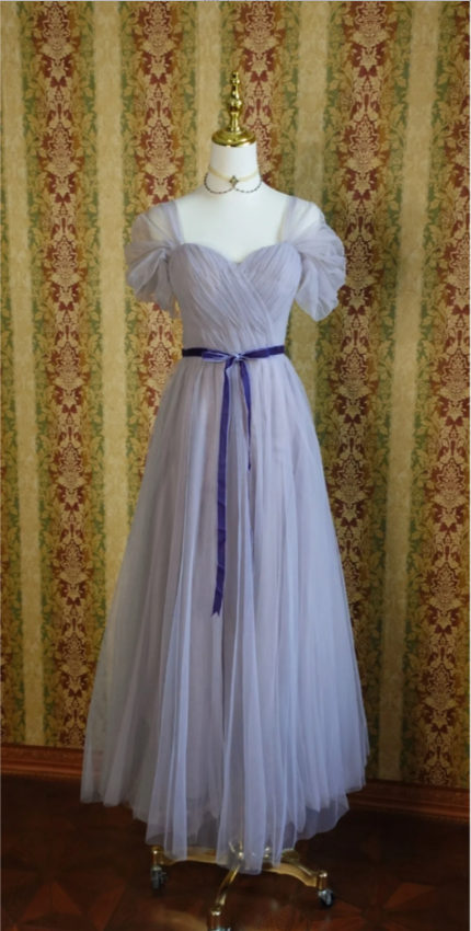 Elegant Purple A-Line Puff Sleeve Tulle Long Formal Prom Dresses Bridesmaid Dresses Main image