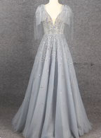 Elegant Smoky Blue Deep V Sequin Tulle Long Formal Prom Dresses Bridesmaid Dresses