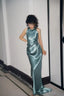 Elegant Turquoise Fitted High-Neck Halter Neck Satin Long Formal Prom Dresses Bridesmaid Dresses