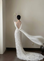Elegant White Mermaid Train V-Neck Lace Wedding Dresses