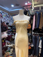 Elegant Yellow Mermaid Strapless Three-Dimensional Floral Satin Long Formal Prom Dresses Bridesmaid Dresses