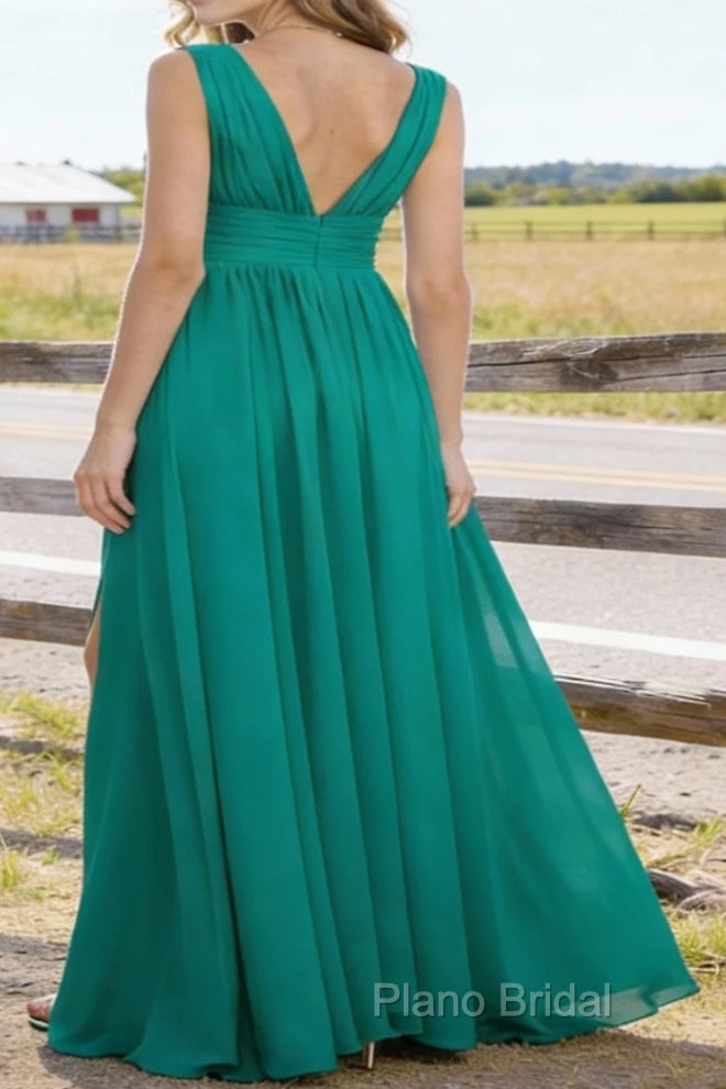 Emerald Green V Neck Chiffon Floor Length Bridesmaid Dresses Long Bridesmaid Dress With Pleated Split Secondary image