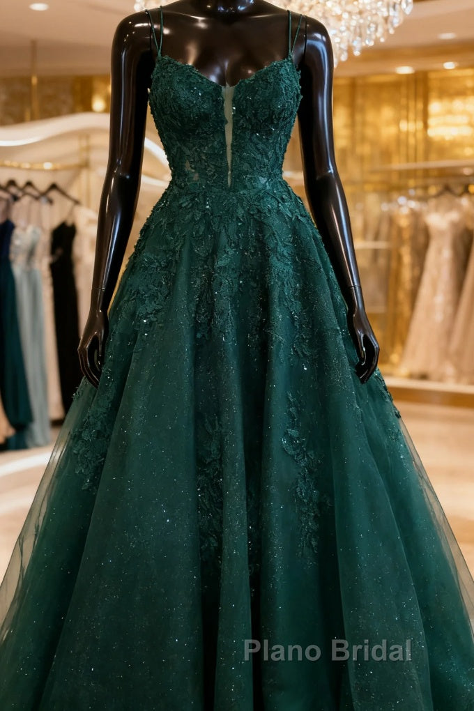 A-Line Hunter Green Floral Formal Prom Dresses Appliques Straps Evening Gown Main image
