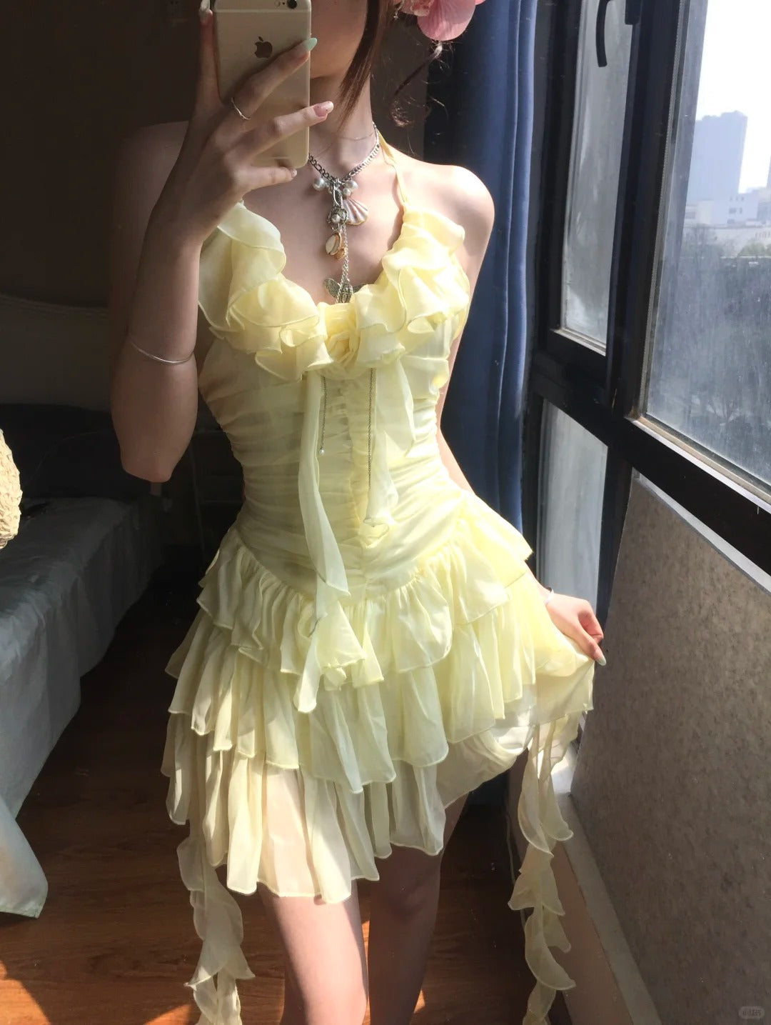Flowy Yellow Chiffon Ruffle Mini 17Th Birthday Homecoming Dresses Main image