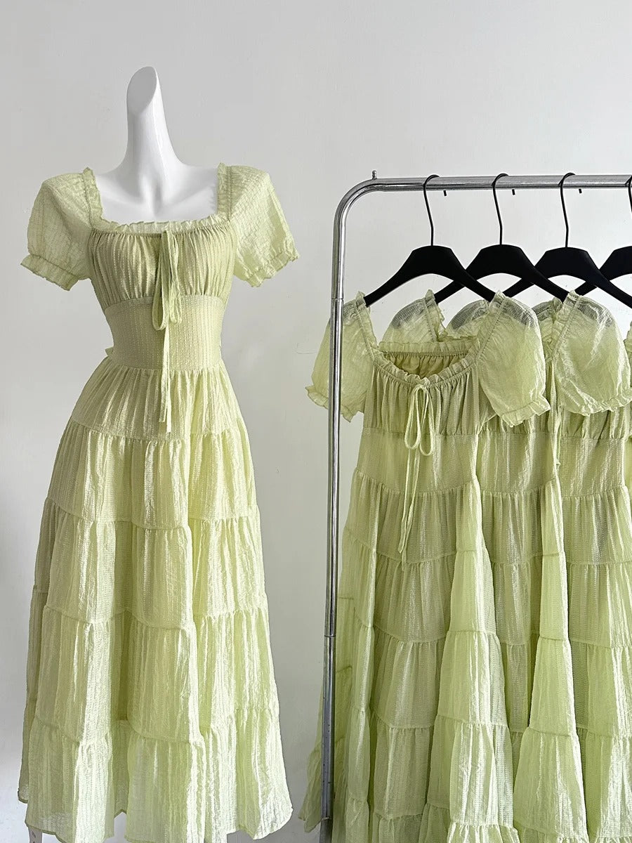 Fresh Light Green A-Line Short-Sleeved Back Hollow Long Formal Prom Dresses Bridesmaid Dresses