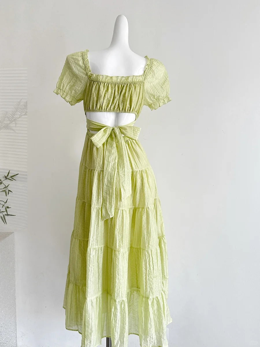 Fresh Light Green A-Line Short-Sleeved Back Hollow Long Formal Prom Dresses Bridesmaid Dresses