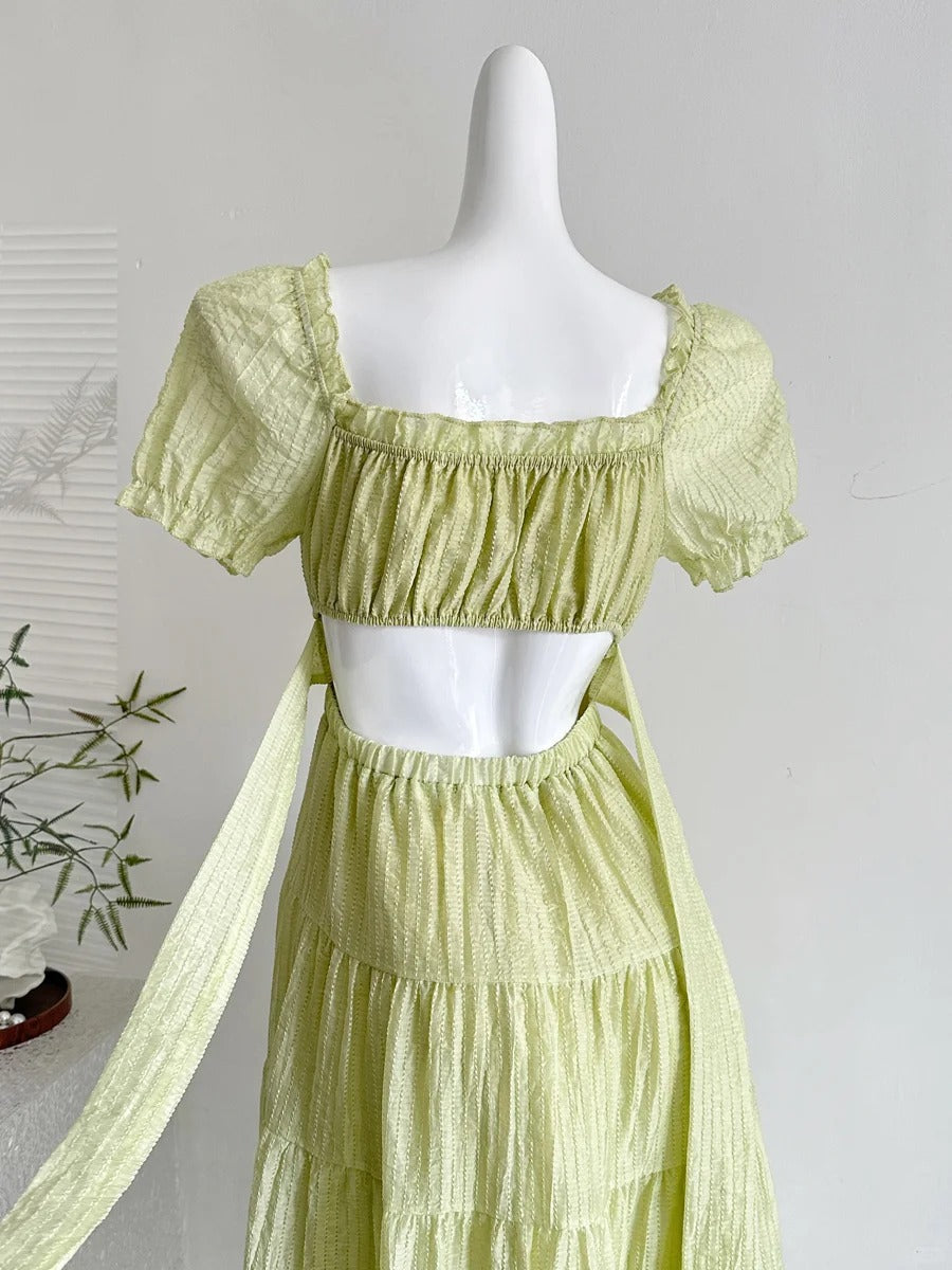 Fresh Light Green A-Line Short-Sleeved Back Hollow Long Formal Prom Dresses Bridesmaid Dresses