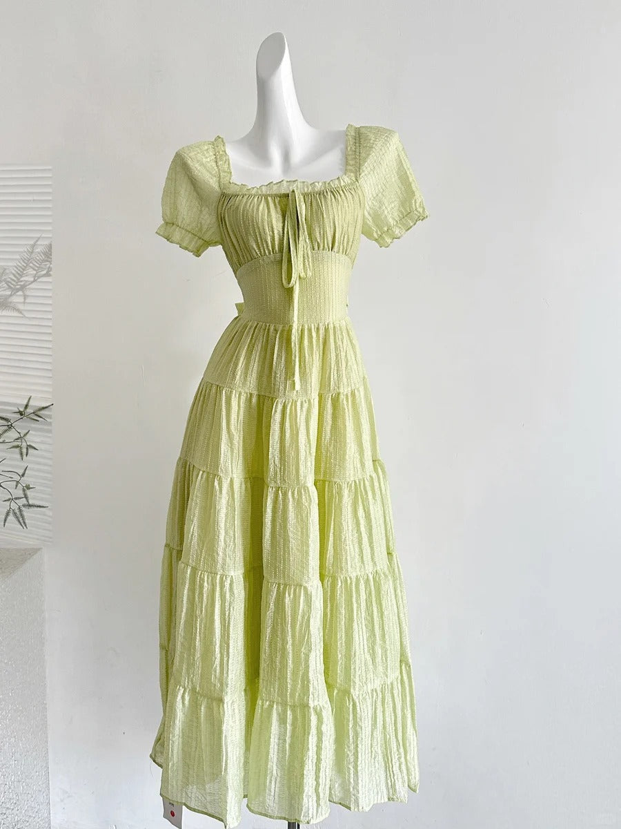 Fresh Light Green A-Line Short-Sleeved Back Hollow Long Formal Prom Dresses Bridesmaid Dresses Main image