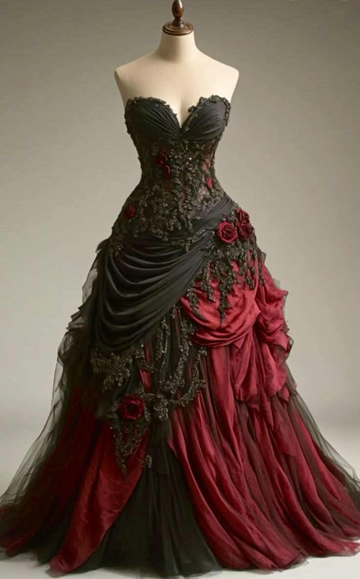 Gothic Victorian Wedding Dresses, Pleated Floral Rose 3D Custom Black Burgundy Gown Secondary image