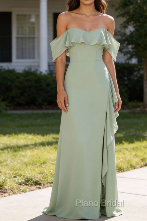 Light Green Mermaid Off the Shoulder Ruffled Bridesmaid Dress with Slit Main image