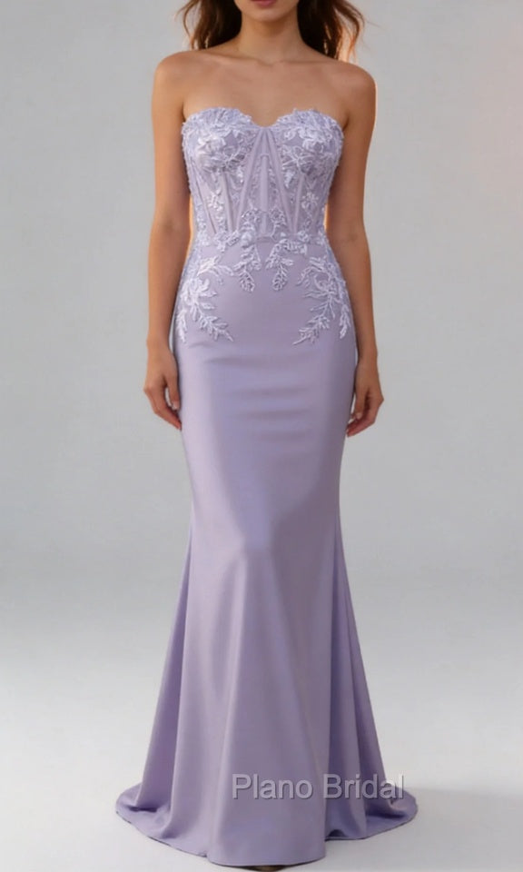 Lilac Sheath Strapless Corset Prom Dresses With Lace Appliques Main image