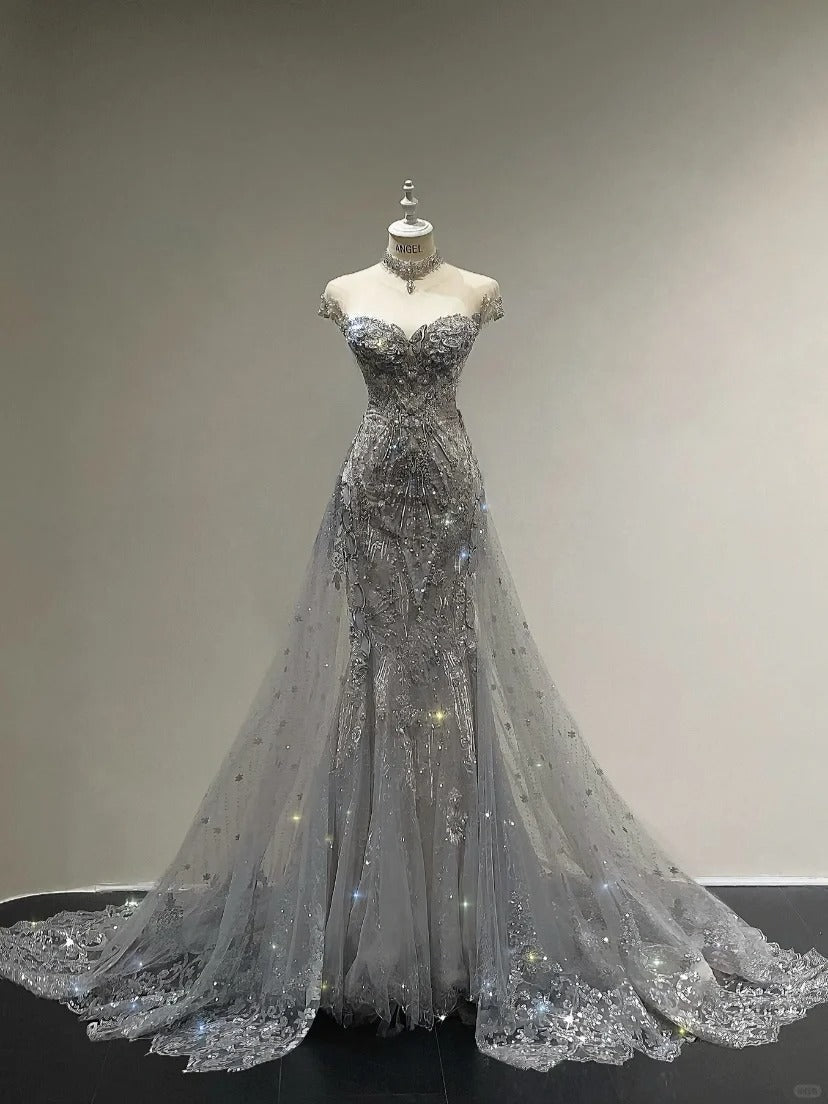 Luxurious And Sparkling Silver Mermaid Off-Shoulder Beaded Train Wedding Dresses Main image