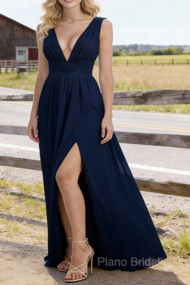 Navy Blue V Neck Chiffon Floor Length Bridesmaid Dresses Long Bridesmaid Dress With Pleated Split Main image