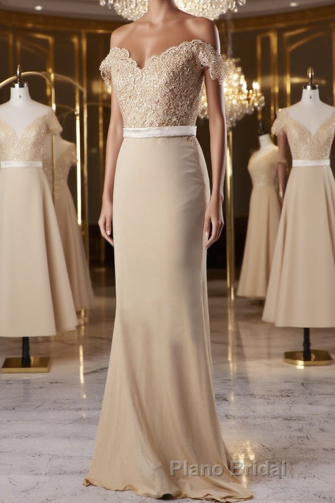 Off the Shoulder Mermaid Champagne Lace Long Formal Prom Dress, Off Shoulder Mermaid Champagne Formal Graduation Evening Dress, Mermaid Champagne Lace Bridesmaid Dress Main image