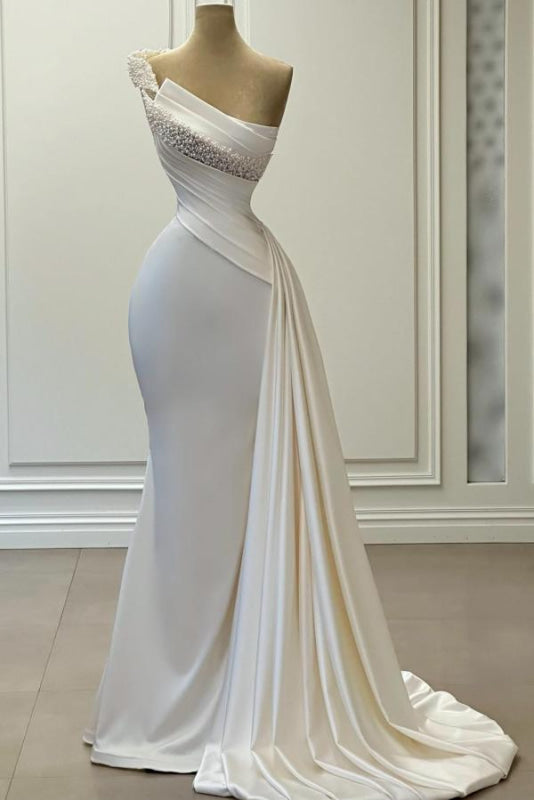 One-Shoulder Beaded Sleeveless Ruched Satin Wedding Dresses Secondary image