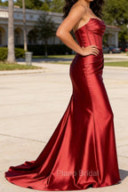 Red Mermaid Strapless Pleated Corset Long Prom Dress with Slit