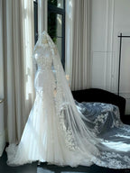 Retro White Mermaid Off-The-Shoulder Herringbone Lace Tulle Wedding Dresses With Train