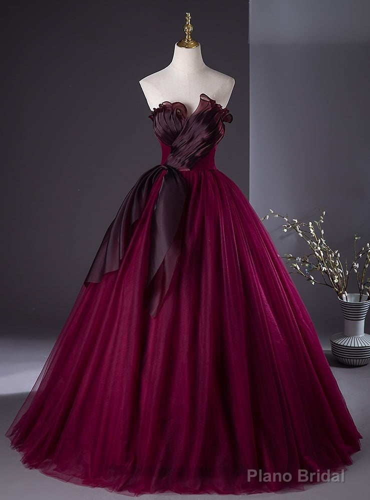 Sexy Burgundy Tulle Strapless Pleats Prom Dress