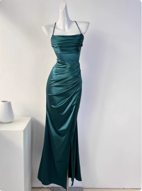 Simple Green Mermaid Pleated Crisscross Sash Slit Satin Long Formal Prom Dresses Bridesmaid Dresses Secondary image