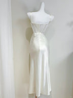 Simple Ivory Mermaid Square Neck Strapless Pleated Satin Formal Prom Dresses Bridesmaid Dresses