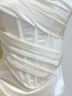 Simple Ivory Mermaid Square Neck Strapless Pleated Satin Formal Prom Dresses Bridesmaid Dresses