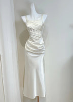 Simple Ivory Mermaid Square Neck Strapless Pleated Satin Formal Prom Dresses Bridesmaid Dresses