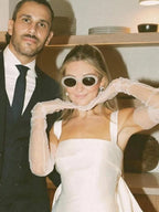 Square Neck White Satin Short Wedding Dress with Bow Back and Veil