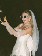 Square Neck White Satin Short Wedding Dress with Bow Back and Veil