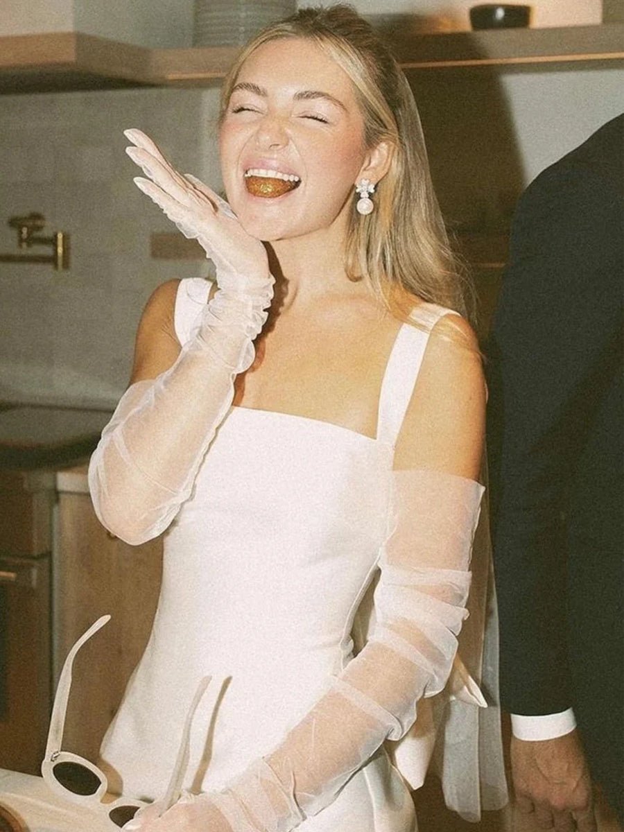 Square Neck White Satin Short Wedding Dress with Bow Back and Veil