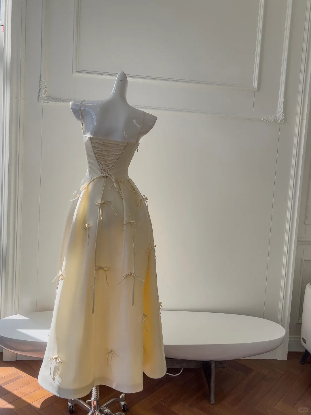Sweet Light Yellow A-Line Spaghetti Strap Bow Satin Long Formal Prom Dresses Bridesmaid Dresses