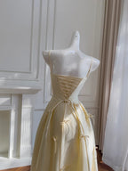 Sweet Light Yellow A-Line Spaghetti Strap Bow Satin Long Formal Prom Dresses Bridesmaid Dresses