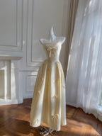 Sweet Light Yellow A-Line Spaghetti Strap Bow Satin Long Formal Prom Dresses Bridesmaid Dresses