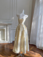 Sweet Light Yellow A-Line Spaghetti Strap Bow Satin Long Formal Prom Dresses Bridesmaid Dresses